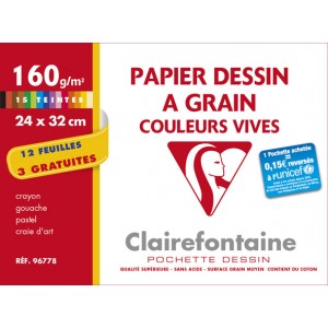 Pochette papier dessin Clairefontaine 24x32-160 gr -12 feuilles + 3 - Couleur pastel